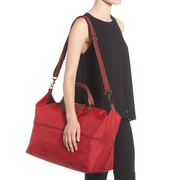 Longchamp Le Pliage Original Expandable Tote Travel Bag NWT Red Leather - Picture 11 of 16